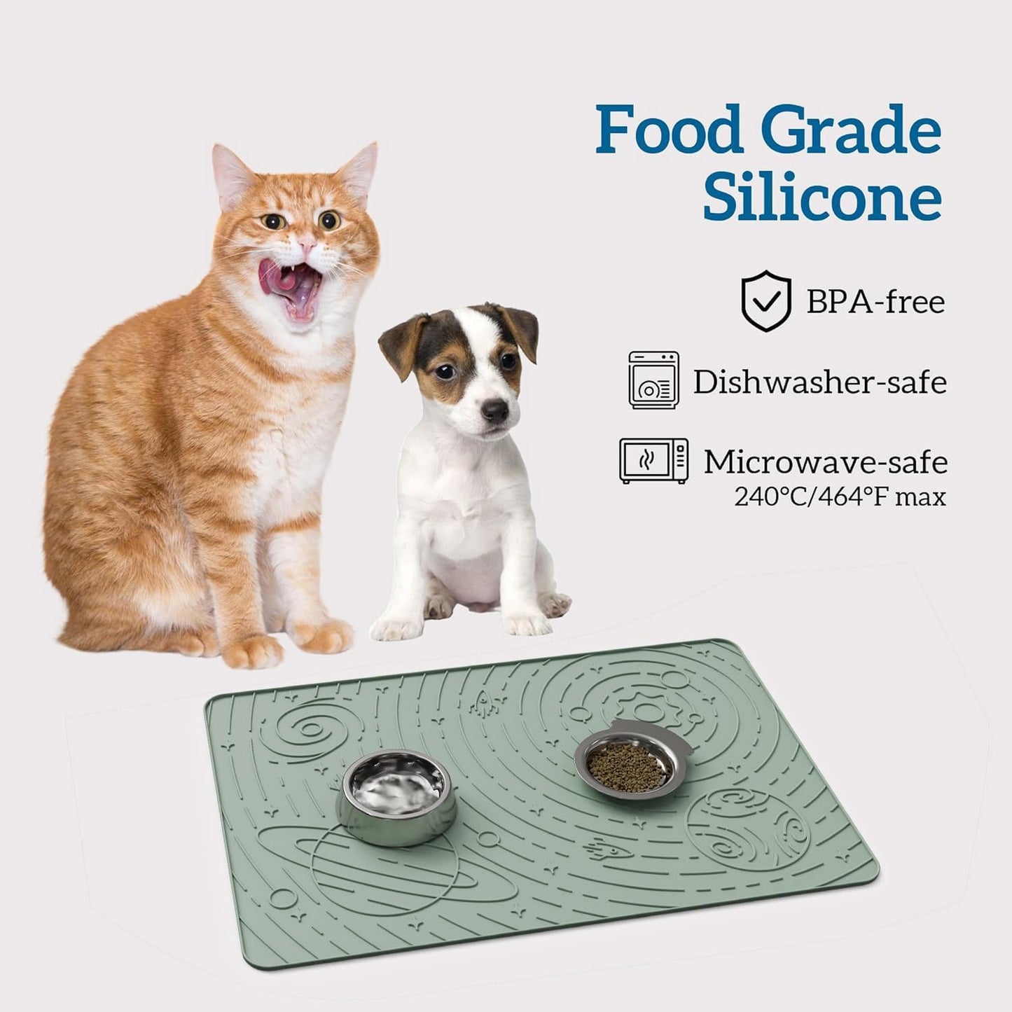 OHMO Dog Food Mat, Silicone Waterproof Cat Food Mat, Non-Skid Spill Proof Pet Feeding Mat for Food and Water, Easy to Clean Dog Placemat(Sage Green, 18.9" x 11.8")