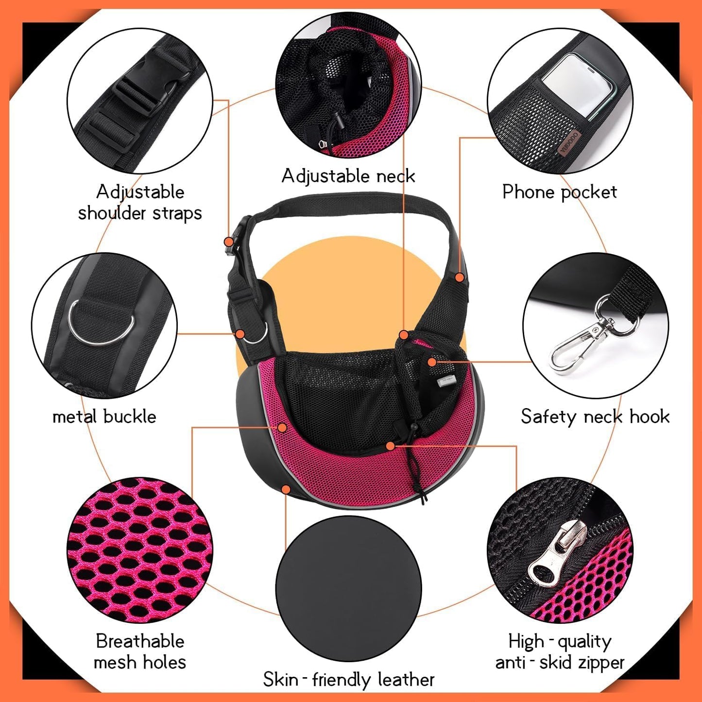 YUDODO Pet Sling Carrier for Small Dogs & Cats – Hands-Free Puppy Carrier with Safety Hook, Large Zipper Pocket, Soft Breathable Mesh, Adjustable Strap & Reflective Strip (Pink 3.0 M)