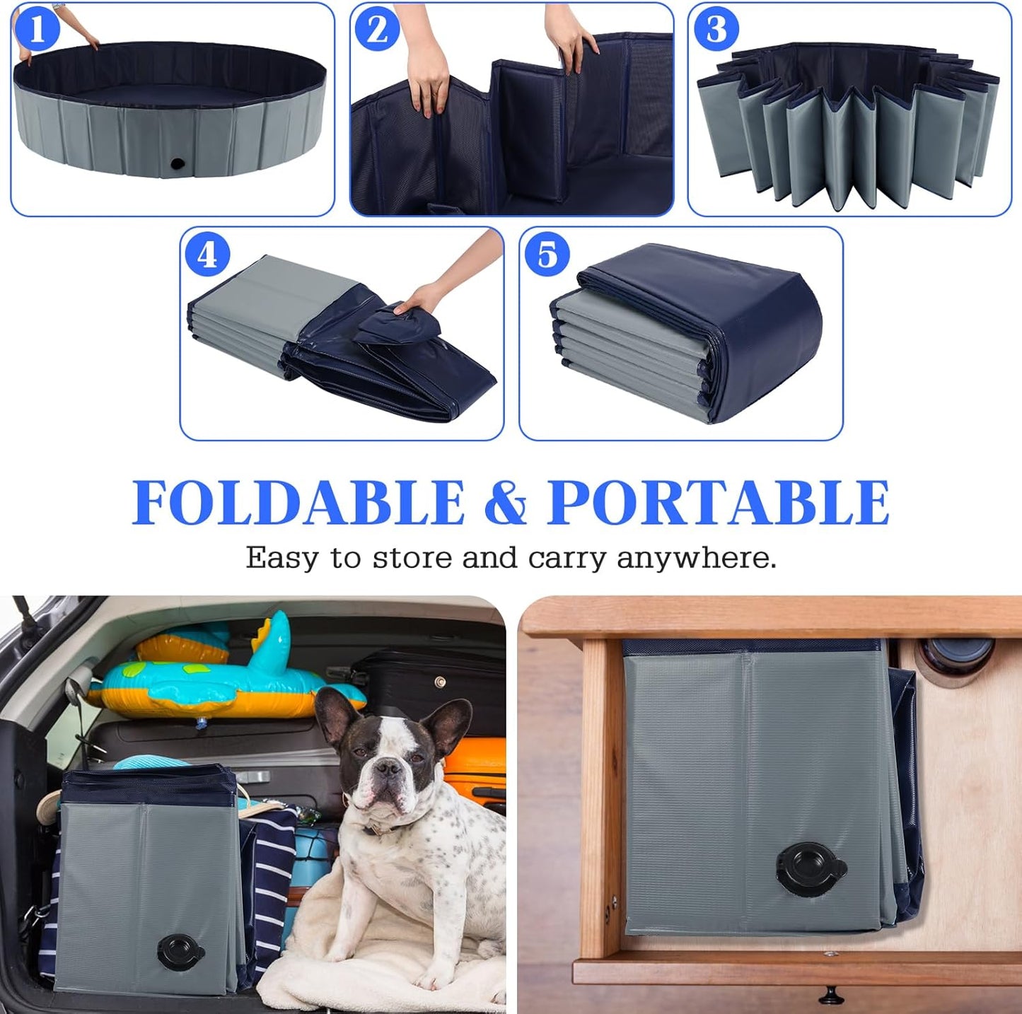 Foldable Dog Bath Swimming Pool Plastic Kiddie Pool Professional Tub Collapsible Grooming Bathtub for Pets Kids Baby and Toddler, 32 x 8 Inches Gray