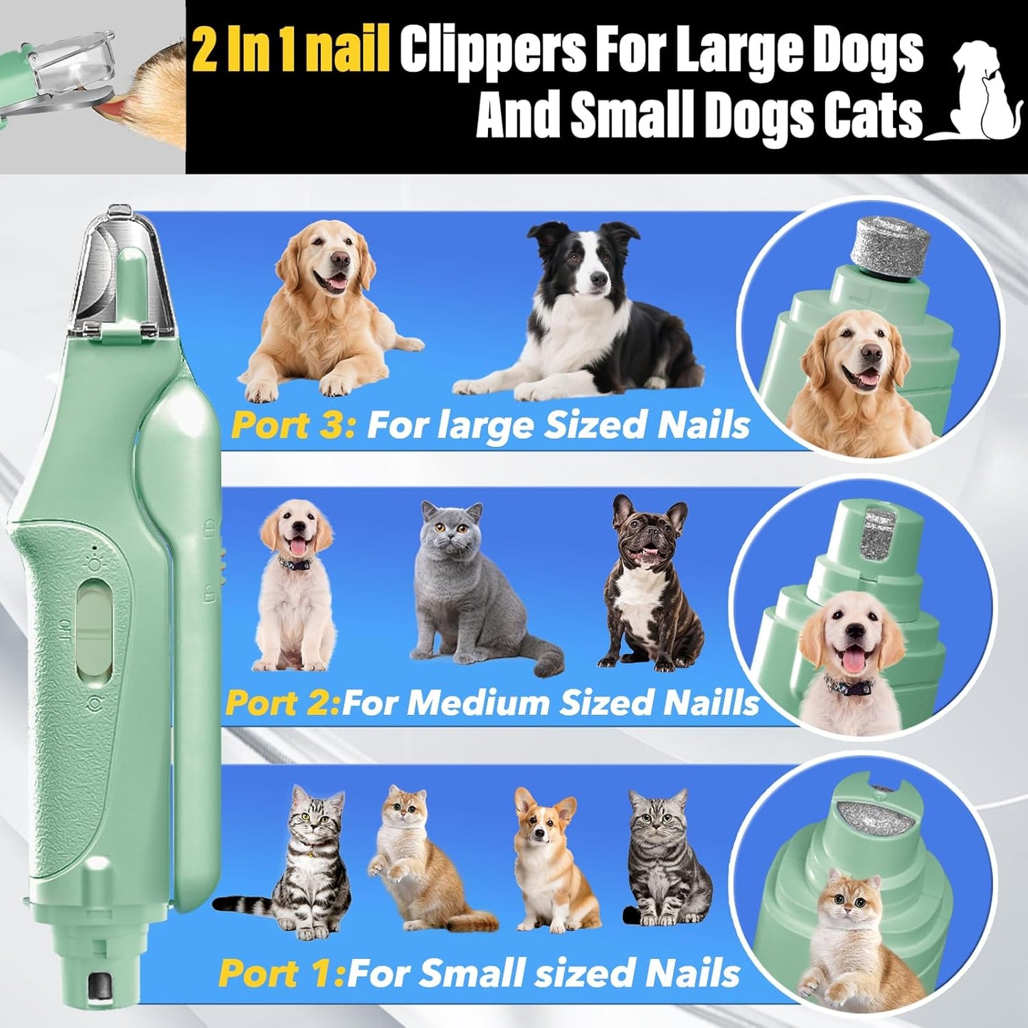 Cat Nail Grinder & Dog Nail Clippers Trimmers for Large Medium Small Dogs Cats Pets Claw Trimmer Quick Sensor and Safety Guard USB Rechargeable with 2 LED Lights