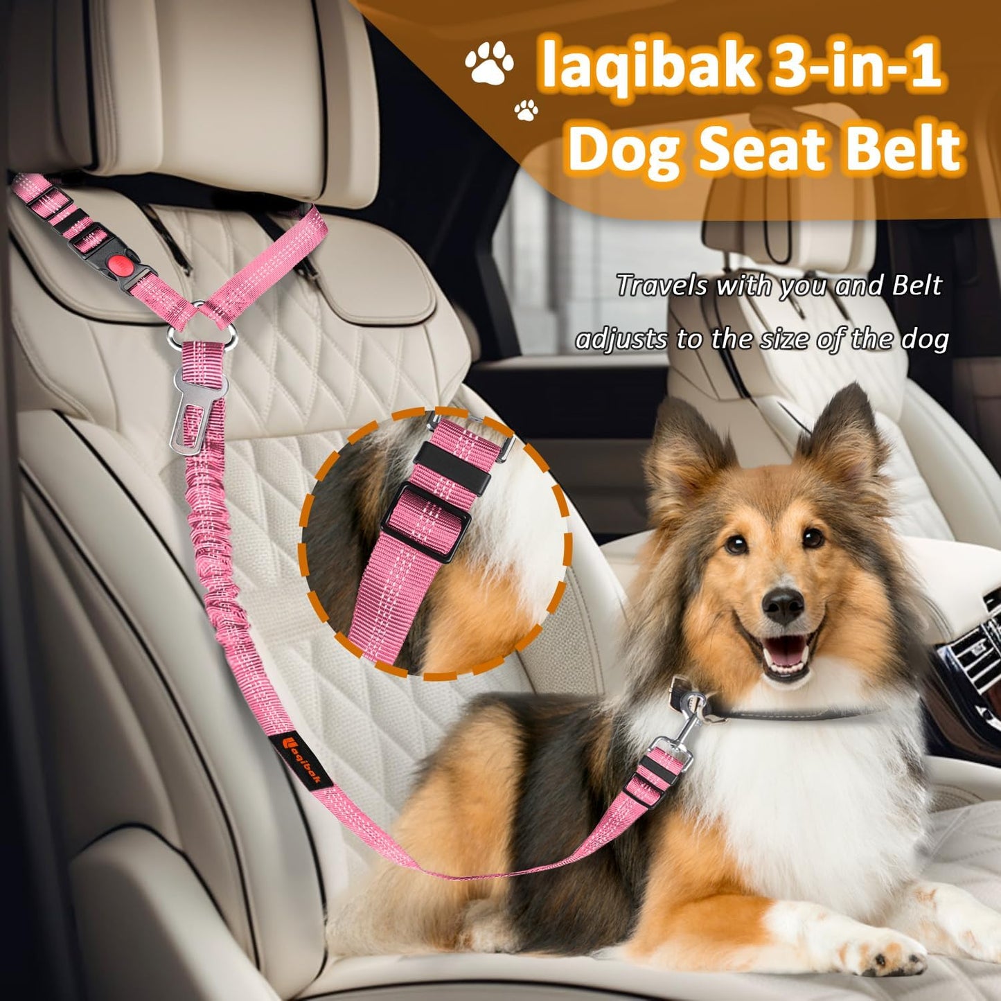 Removable Dog Seat Belt Harness for Car, 3 in 1 Pet Dog Car Seatbelt Leash, Retractable Restraint Secures to Vehicle Headrest & Adjustable Reflective Bungee Dog Seatbelt Tether, Pink