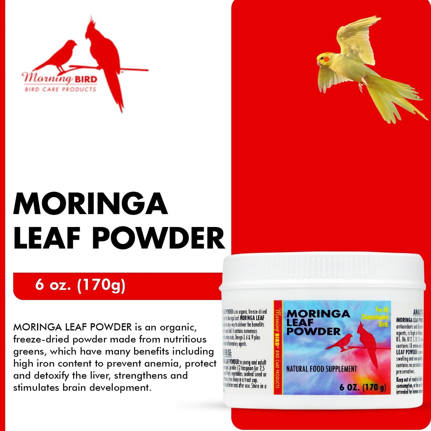 Morning Bird Moringa Leaf Powder 6 oz – Natural Food Supplement for Birds, Rich in Vitamins & Minerals, Boosts Immune System & Energy, Supports Healthy Feathers, Digestion, and Overall Avian Wellness