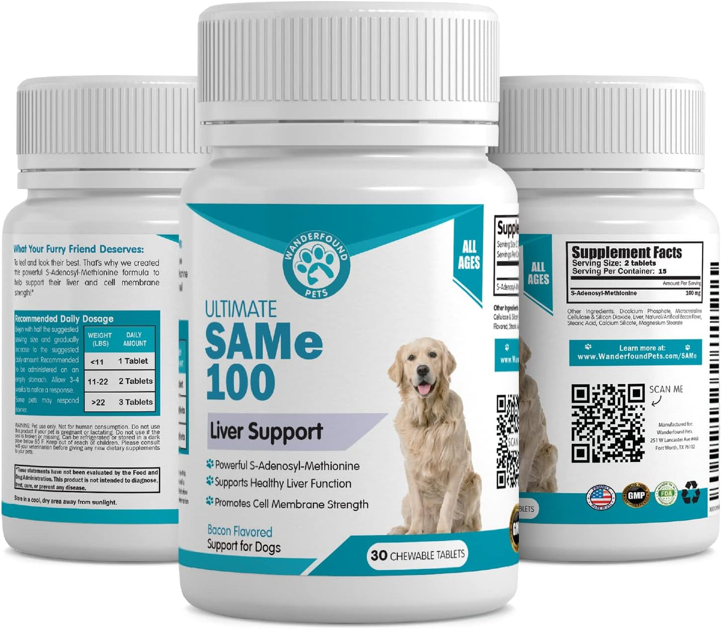 Wanderfound Pets Same 100 Liver Support for Dogs - Same S-Adenosyl-L-Methionine Hepatic Supplement for Liver & Brain Support - Bacon Flavored Sam E, Manufactured in The USA - 30 Chewable Tablets