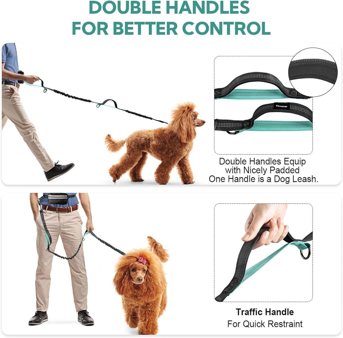 Hands Free Dog Leash, Retractable Bungee with Double Padded Handles, Waist Leash for Dog Walking, Heavy Duty for Large Dogs, Mint Green