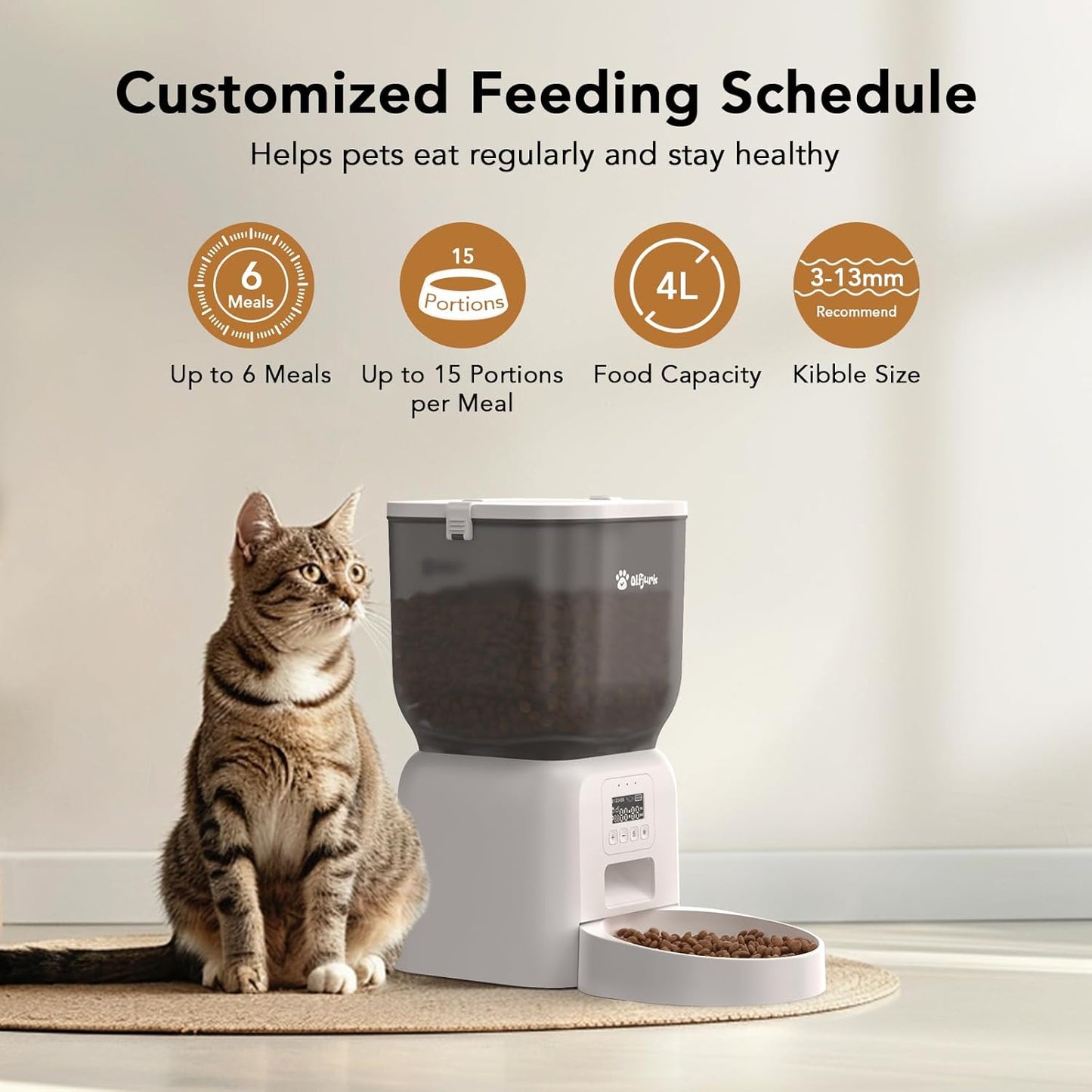 Automatic Dog & Cat Feeder, with Freshness Preservation, 4L Timed Cat Feeder with LCD Screen.Up to 6 Meals Per Day and 1-15 Portion for Cats & Dog (White)
