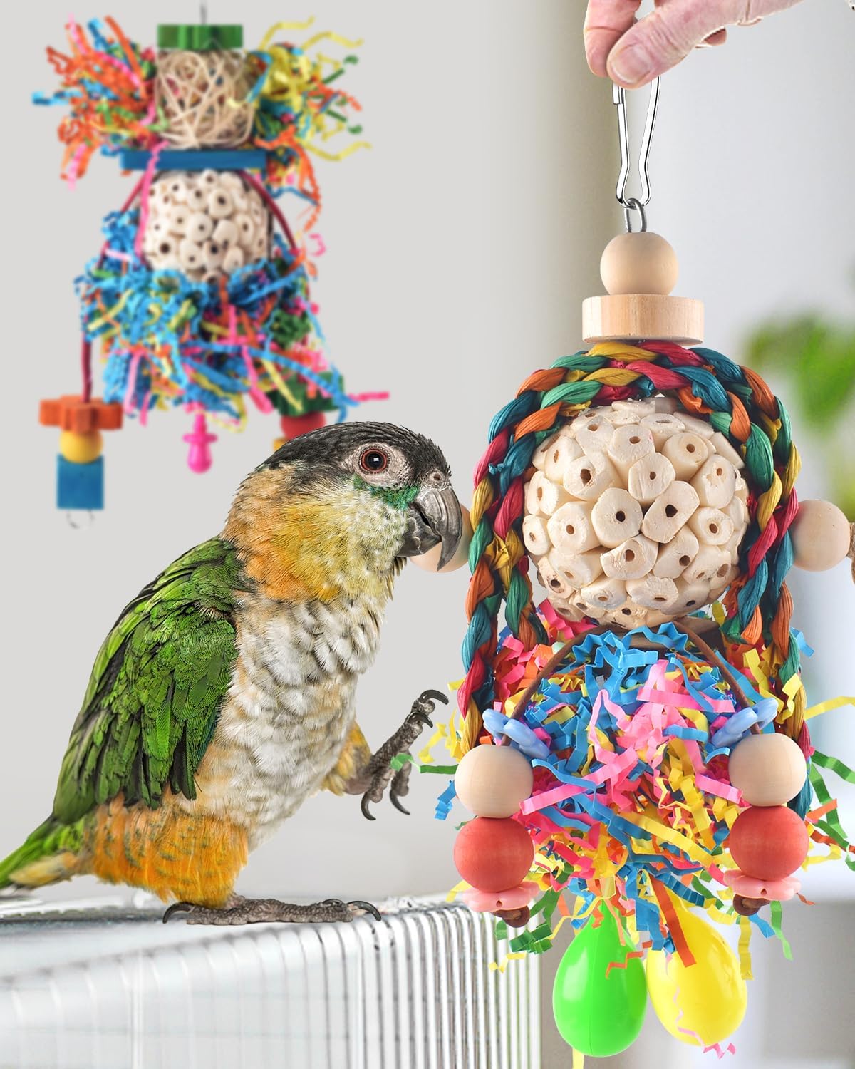 Bissap Conure Toys, 4 PCS Parrot Foraging Shredder Hanging Toys Sola Balls with Sand Hammer Perch Swing Climbing for Small Parrots Parakeets Conures Cockatiels Love Birds Cage Toy