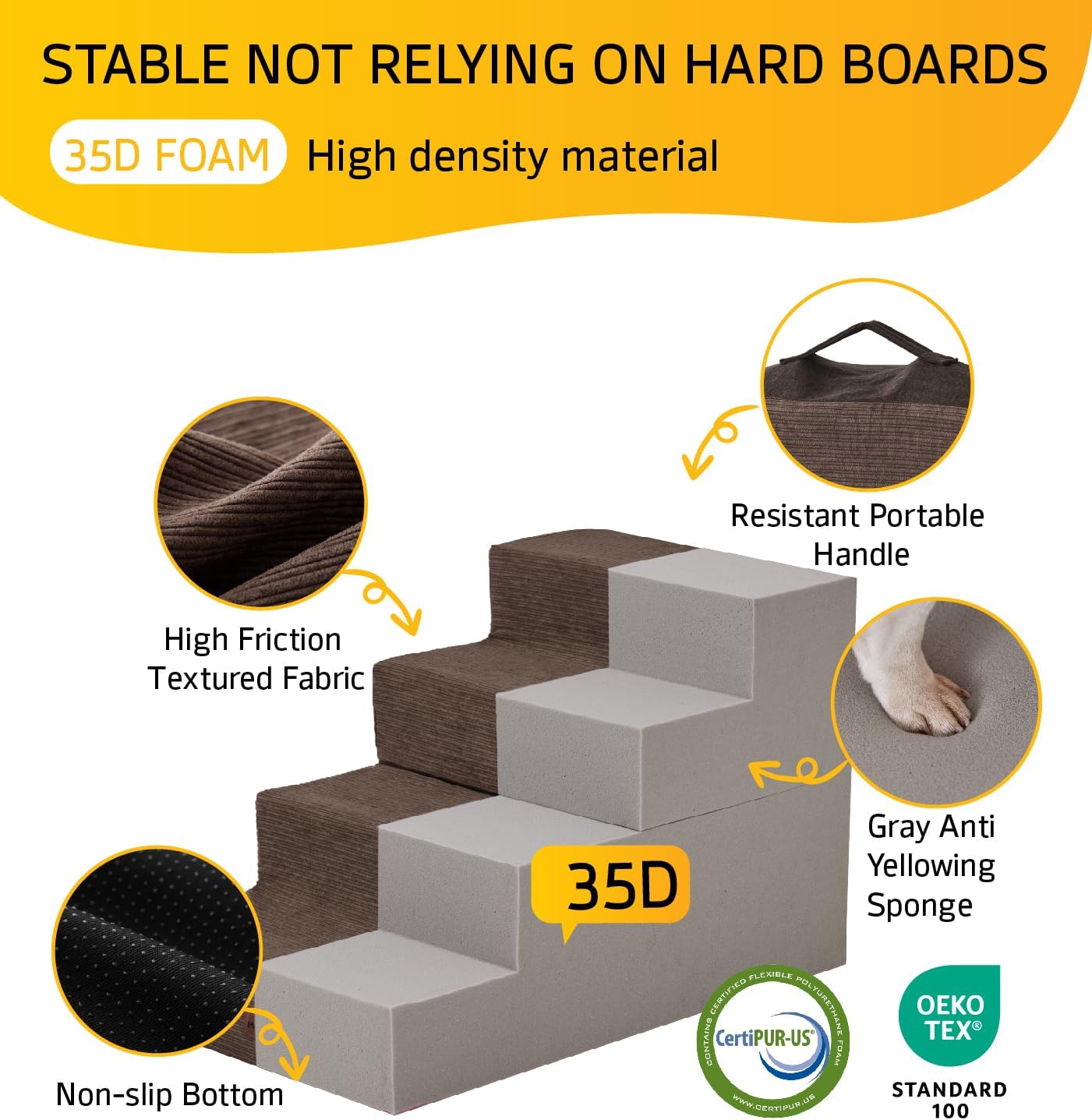 Dog Stairs for Bed, Dog Steps for Bed Couch Sofa, 35D Foam Pet Steps for Small Dogs and Cats, Extra Wide Pet Stairs with Non-Slip Bottom Brown, 3 Steps