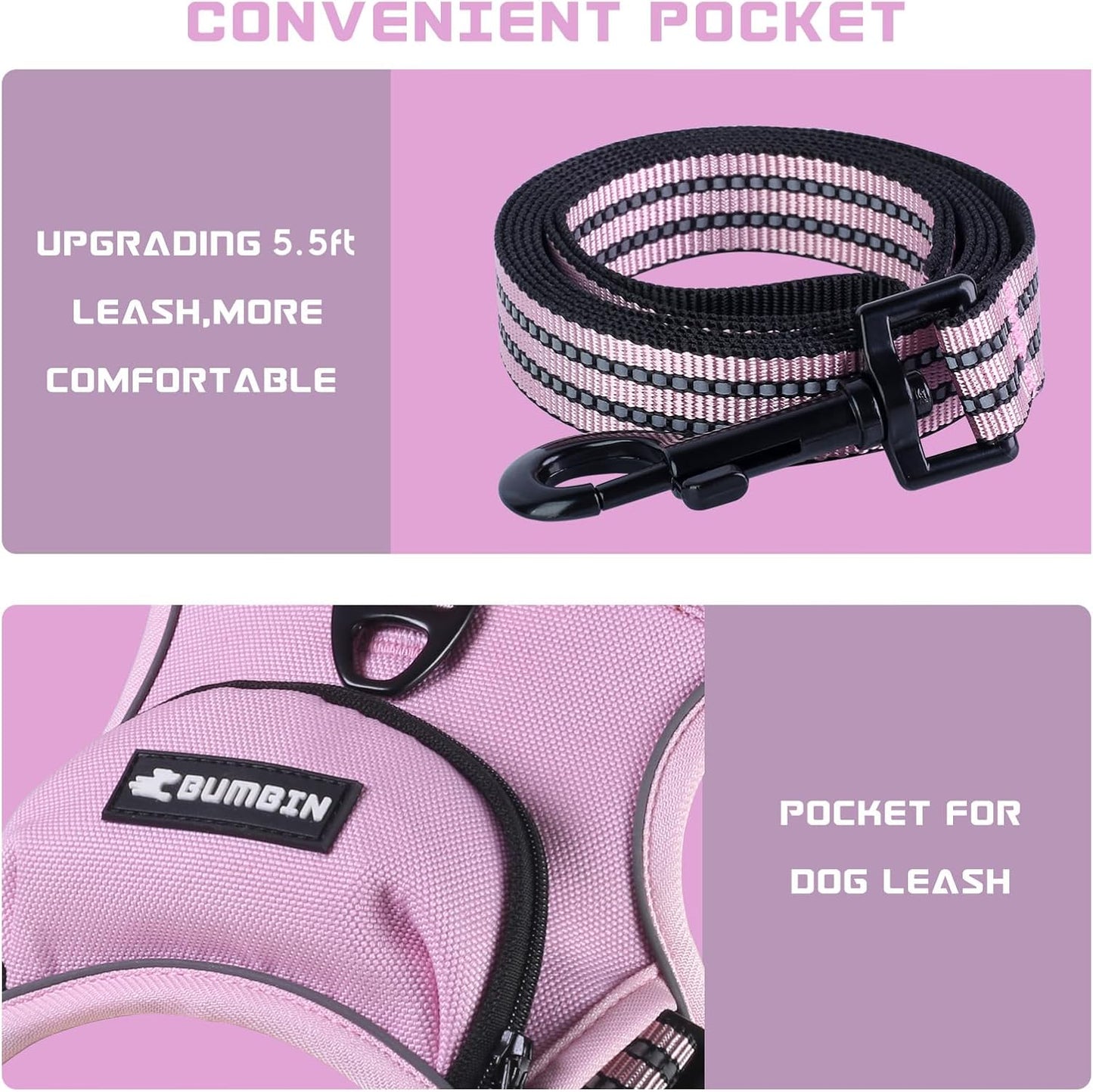 BUMBIN Dog Harness for Large Dogs, No Pull Adjustable No Choke Pet Vest with Dog Leash Fit Smart Reflective Pet Walking Harness for Training Easy Control Soft Handle Pink S