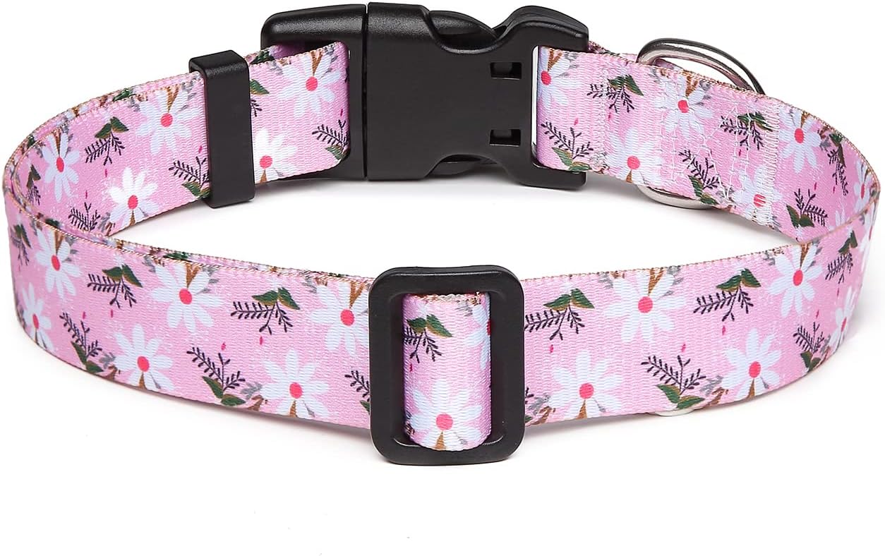 Mercano Adjustable Dog Collar - Special Design Patterns, Soft Nylon Comfortable Durable Pet Collar for Small Medium Large Dogs (M, Pink White Flower)