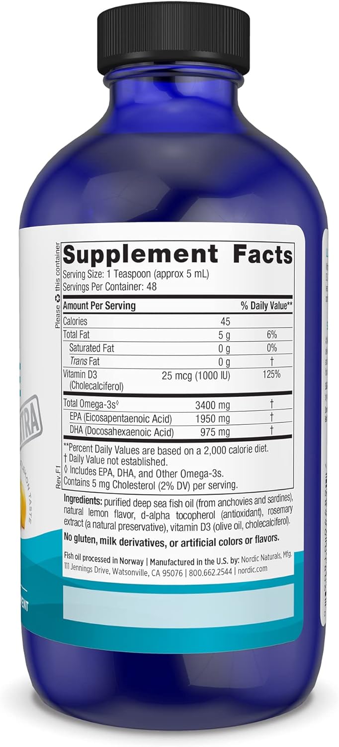 Nordic Naturals Ultimate Omega Xtra Liquid, Lemon Flavor - 8 oz - 3400 mg Omega-3 + 1000 IU Vitamin D3 - EPA & DHA - Brain, Heart, Joint, & Immune Health - Non-GMO - 48 Servings