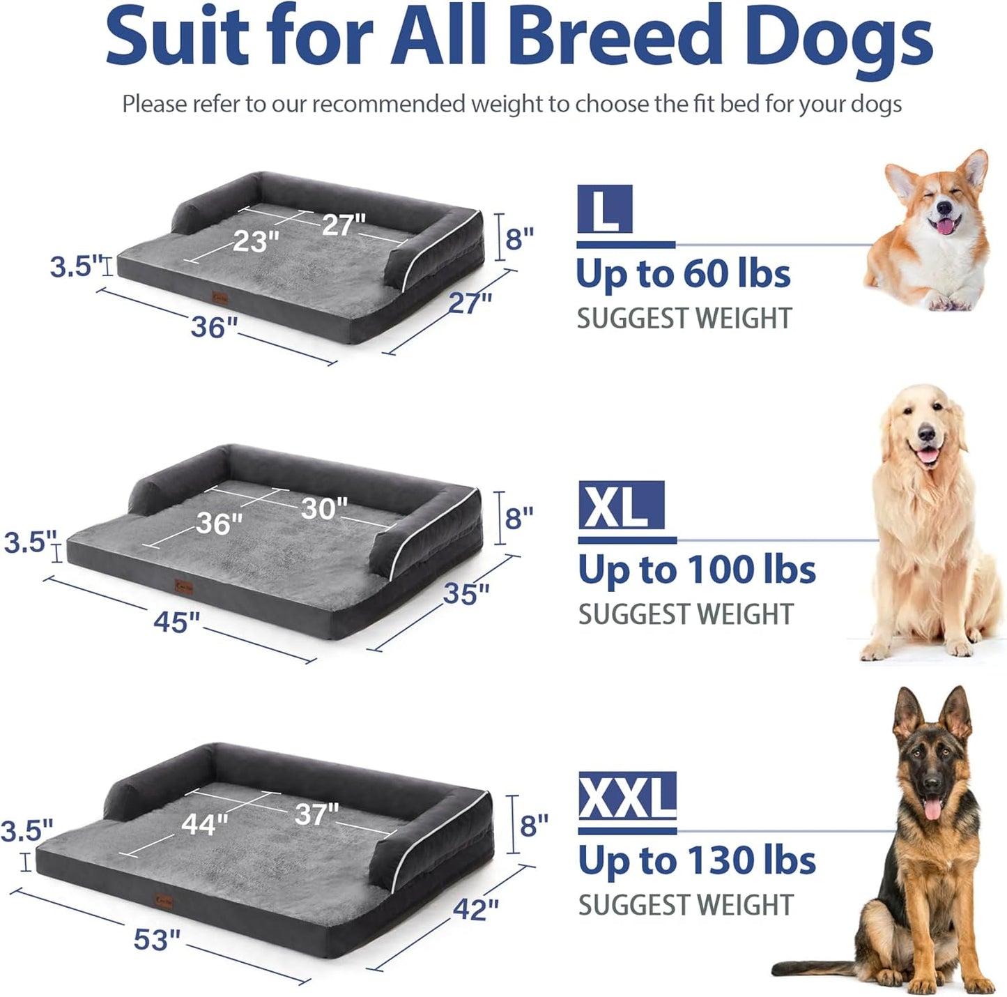 XXL Dog Beds with Bolsters, Extra Large Orthopedic Dogs Beds, Waterproof Dogs Beds XLarge, Egg-Crate Foam Dog Beds with Removable Washable Cover, Nonskid Bottom (XX-Large, Dark Grey)