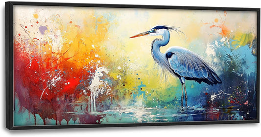 Extra Large Framed Abstract Heron Wall Art,Oversized Colorful Graffiti Heron Wall Decor Pictures for Living Room,Canvas Print Painting Modern Artwork Bedroom Office Bathroom Home Decor 60L x 30W