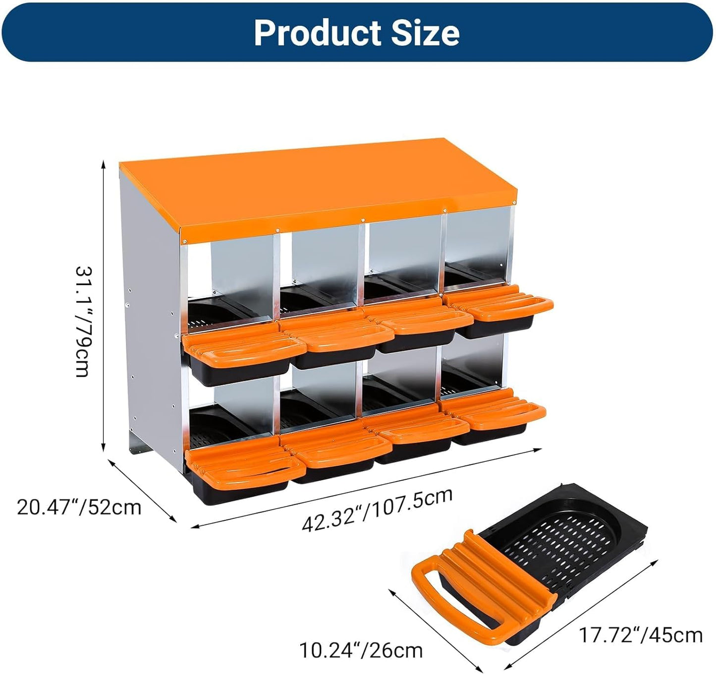 Chicken Nesting Boxes, 8 Hole Metal Chicken Laying Box with with Removable Trays and Roll Out Egg Collection for Chicken Coop, Orange