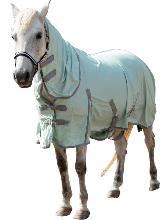 Horse Fly Sheet with Detachable Neck Cover & Belly Wrap, Adjustable Fly Sheet for Horses, Ventilated Airflow Mesh Equine Cooling Summer Flysheet Green 66