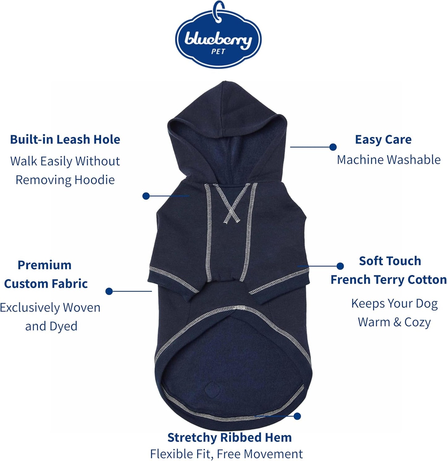 Blueberry Pet Essentials Soft & Comfy Better Basic Cotton Blend Dog Hoodie Sweatshirt in Midnight Blue, Back Length 22", Pack of 1 Jacket for Dogs