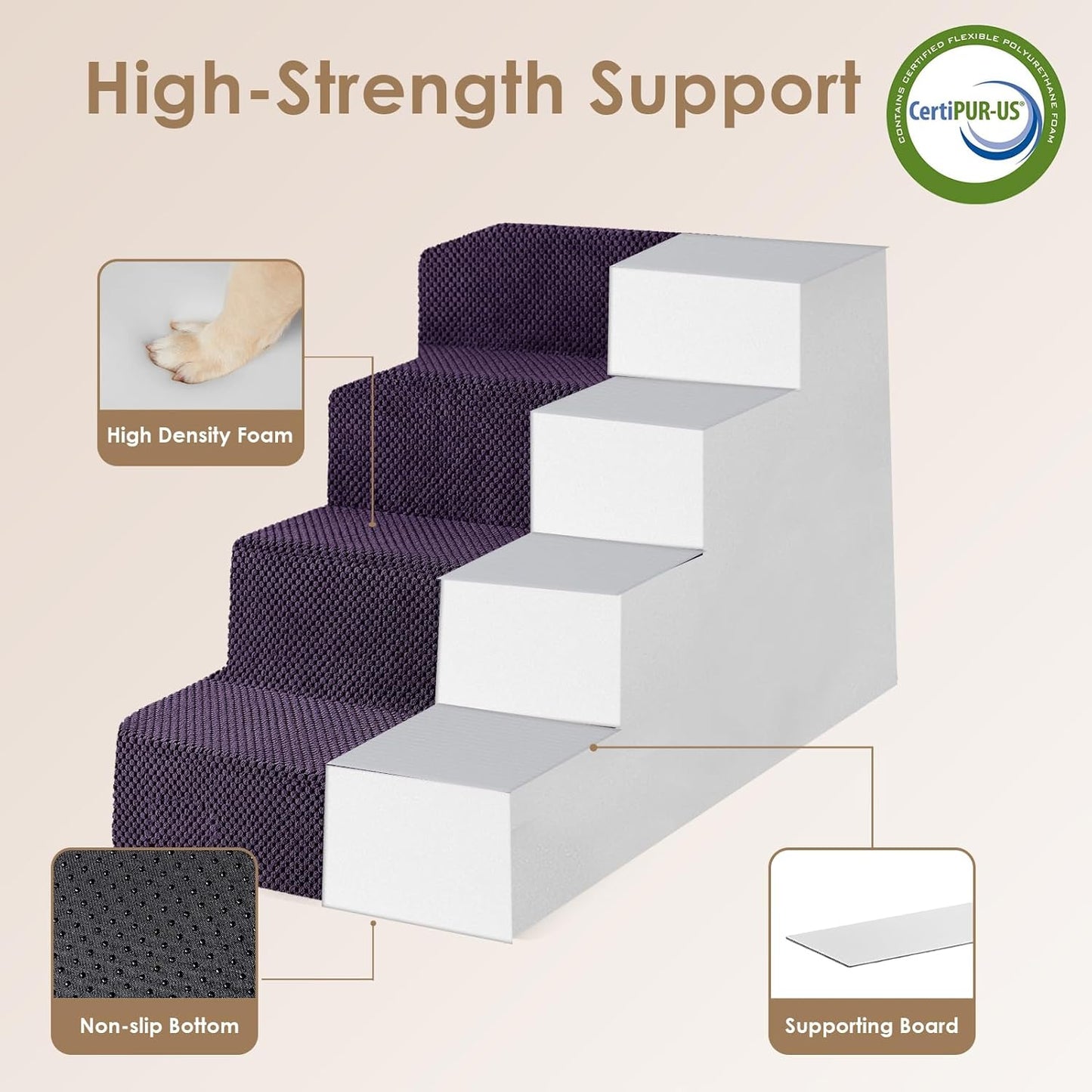 EHEYCIGA Dog Stairs for Bed 20" H, 4-Step Extra Wide Dog Steps for High Bed, Pet Steps for Small Dogs and Cats, Non-Slip Balanced Pet Ramp Indoor, Purple