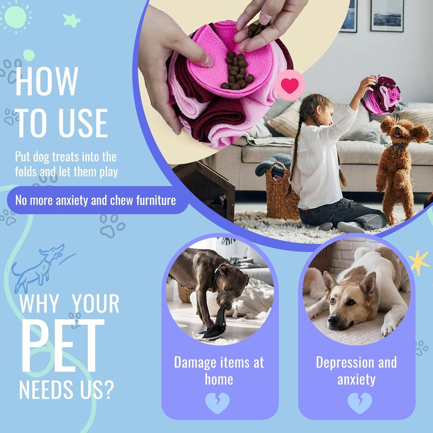 Pet Snuffle Ball, Puzzle Sniffing Interactive Dog Ball for Blind Dogs Training Stress Relief Dog Enrichment Toys Treat Machine Washable (15cm, Fantasy Pink)