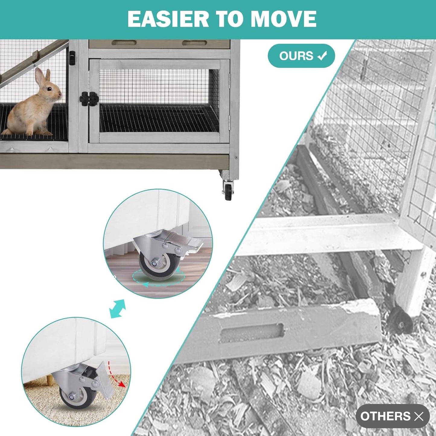 Rabbit Hutch Indoor for 2-4 Rabbits & Guinea Pigs，Bunny Cage with Slide-Out Plastic Trays，Wooden Small Animal Cage for Rabbits, Bunnies, and Guinea Pigs (Light Brown)