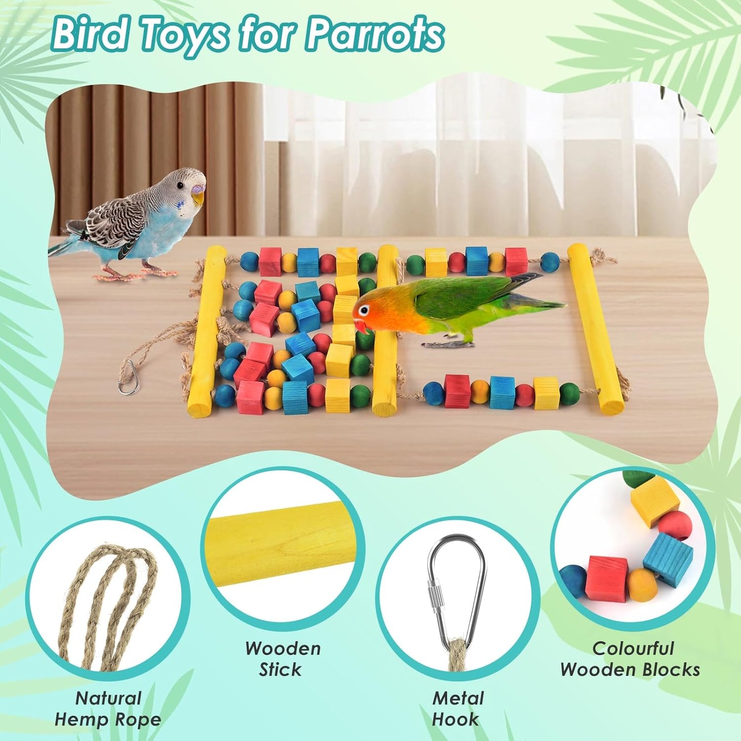 Bird Swing, Parrot Chew Toy with Wooden Perches Stand, Hanging Colorful Wood Block Bird Cage Accessories for Budgerigar, Canaries, Cockatiels, Parakeets, Conures, Finches, Mynah