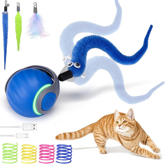 AIERSA Interactive Cat Toys for Indoor Adult Cats, Automatic Self-Play Cat Ball Toy for Kitten to Keep Them Busy, Electric Speed Tail Moving Cat Toy with 3 Tails and 4 Springs (Blue)