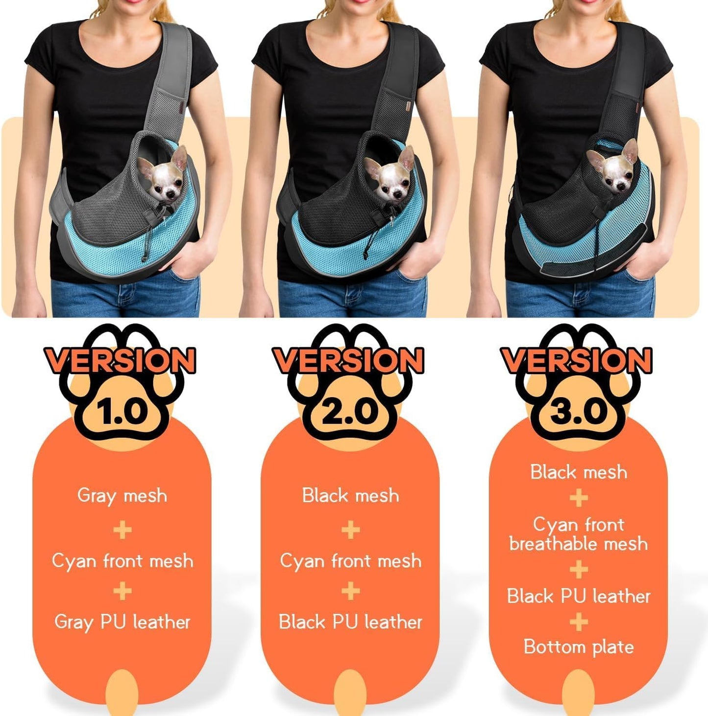 YUDODO Pet Sling Carrier for Small Dogs & Cats – Hands-Free Puppy Carrier with Safety Hook, Large Zipper Pocket, Soft Breathable Mesh, Adjustable Strap & Reflective Strip (Cyan 2.0 M)