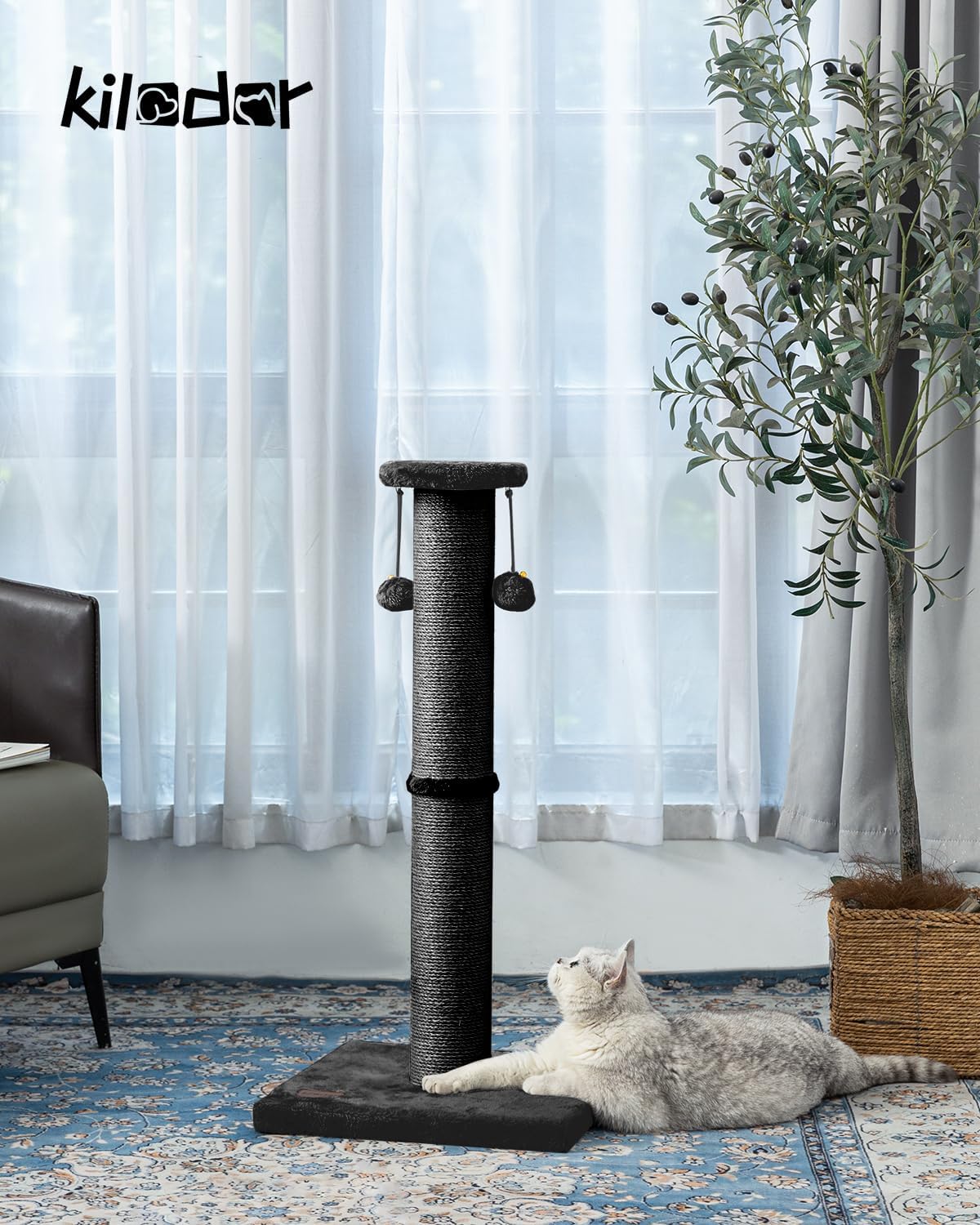 Kilodor 34Inch Tall Cat Scratching Post,4.3Inch Diameter Large Sisal Cat Scratch Post with Ball, Sturdy and Durable Cat Scratcher for Indoor Cats Adults Black