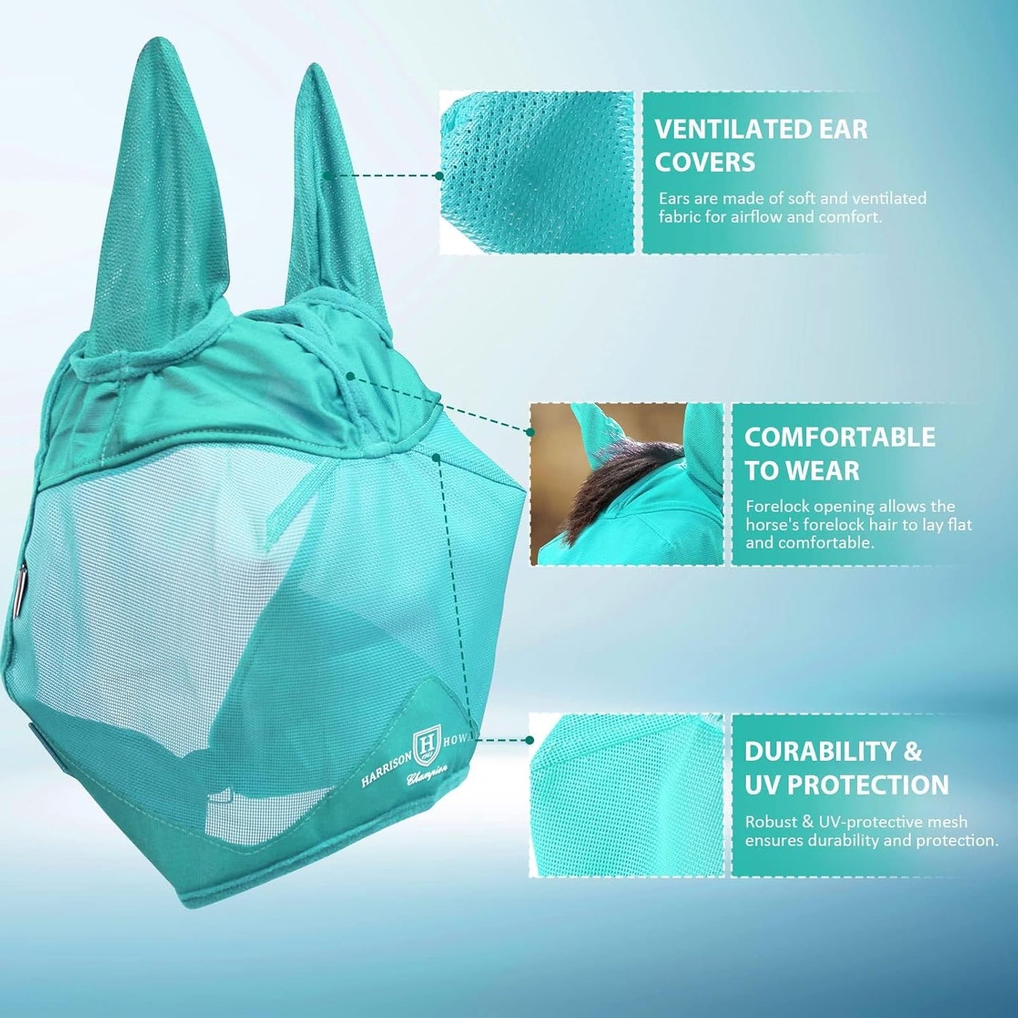 Harrison Howard UV-proof Multi-Function Fabrics Thick Fleece Padding Horse Fly Mask Half Face with Ears Mint Horse Large