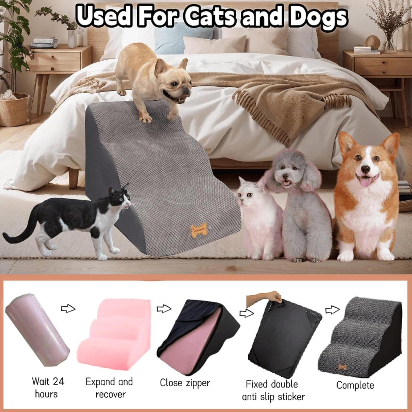 3-Step Dog Stairs for High Beds & Couches Multi-Step Non-Slip Pet Steps with Balanced Ramp Indoor 2 3 4 5 Step Stairs for Small to Large Dogs and Cats Non-Slip Stickers 30D Grey