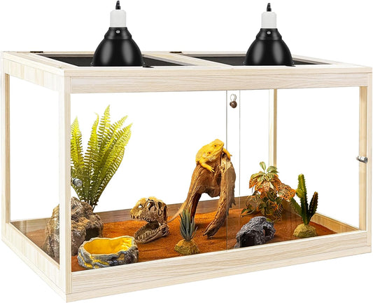 PROLEE Tempered Glass Bearded Dragon Tank,28 Gallon Reptile Tank with Meatl Mesh Roof and Front Sliding Door, Anti-Scratch Lizard Tank,Spacious Reptile Enclosure for Snakes,Lguanas, Chameleons(Oak)