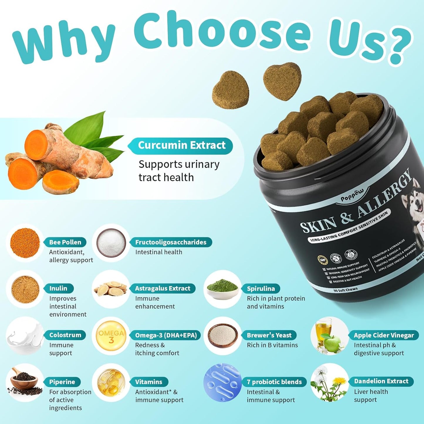 Dog Skin & Allergy Chews - Dog Probiotics for Sensitive Skin Health Support - Allergy Relief - Support Seasonal Allergies, Immune & Gut & Digestive Health Supplement - Beef Flavor - 90 Count