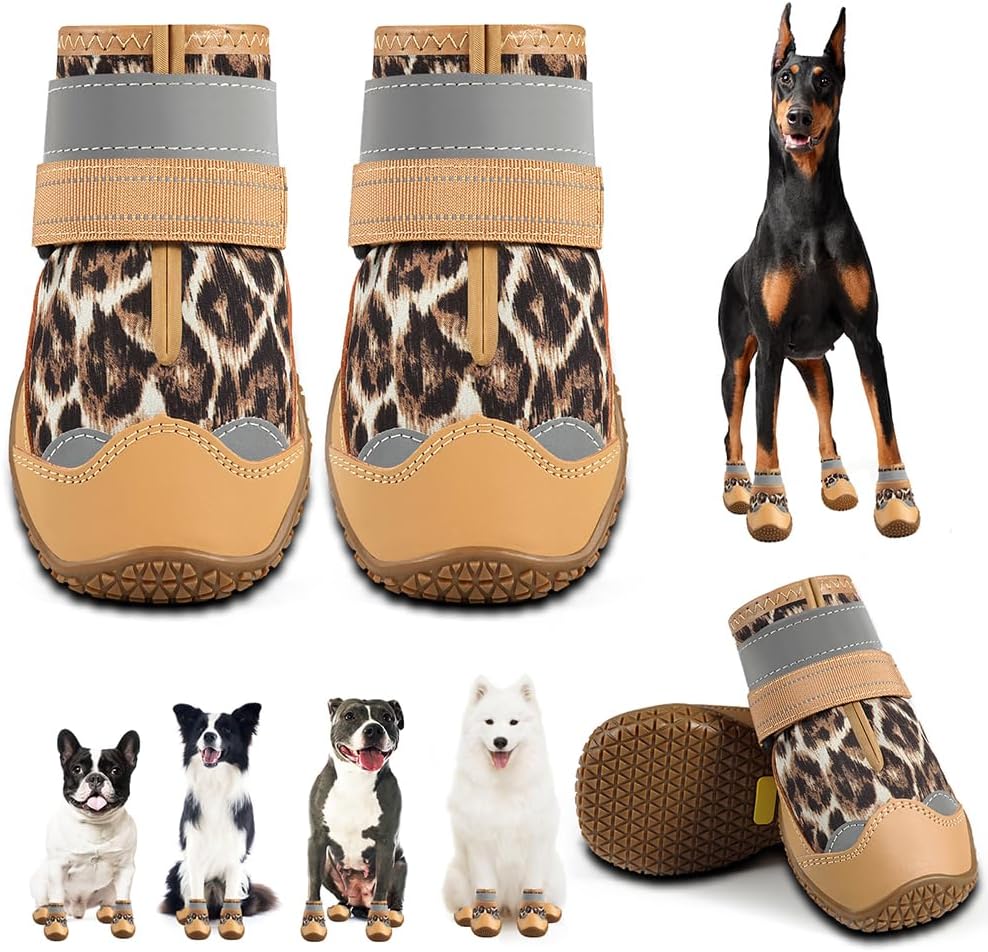 Dog Shoes for Large Dogs, Medium Dog Boots & Paw Protectors for Hardwood Floors, Outdoor Dog Booties for Hot Pavement Winter Snow Hiking, Waterproof Dog Shoes with Reflective Strips Size 4
