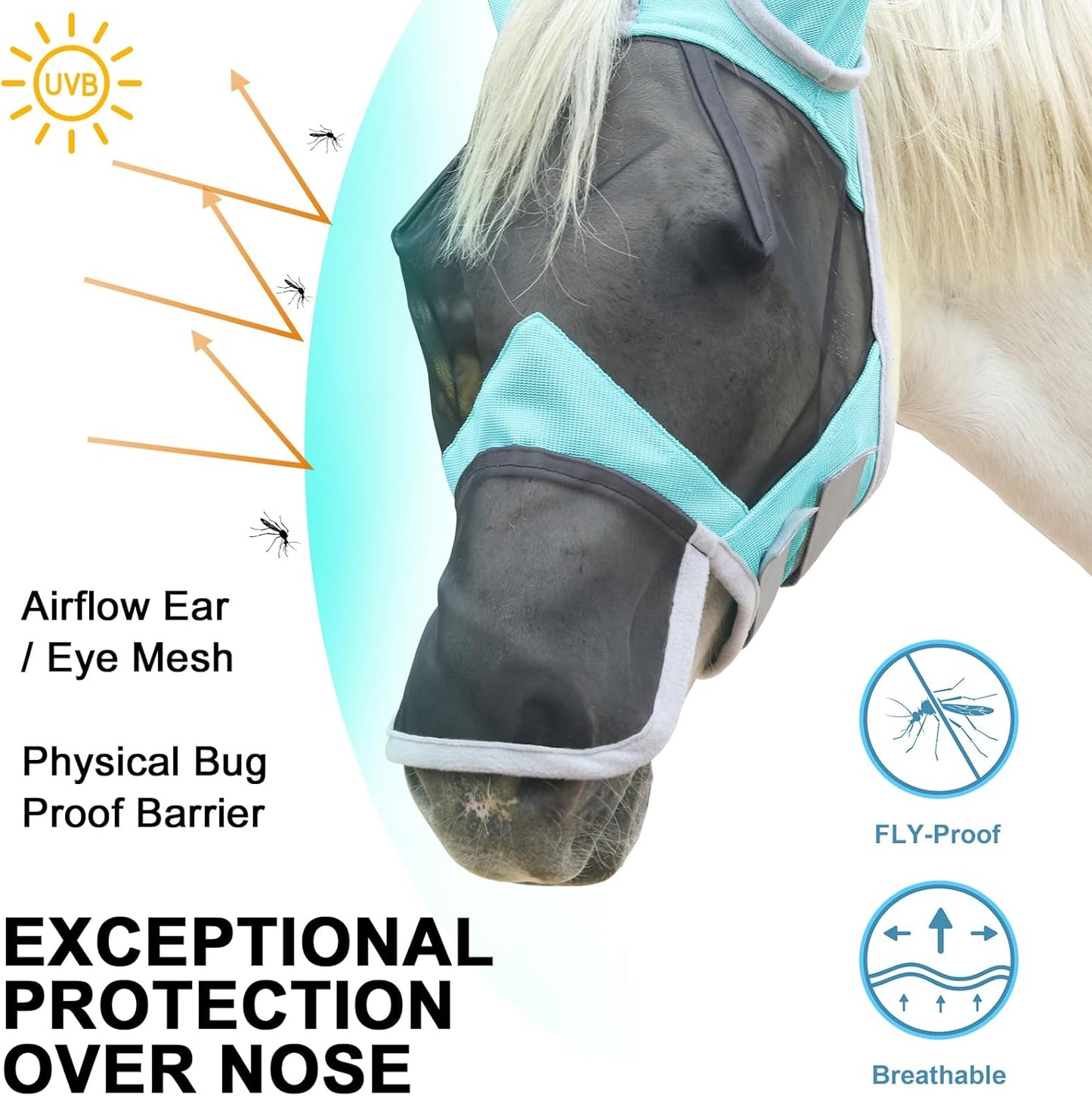 Horse Fly Mask with Ears & Long Nose Cover | Forelock Opening for Tangle-Free Mane Care | UV Protection & Breathable Mesh | No Rub Fit and Enhanced Visbility for Trail Riding Turquoise Pony