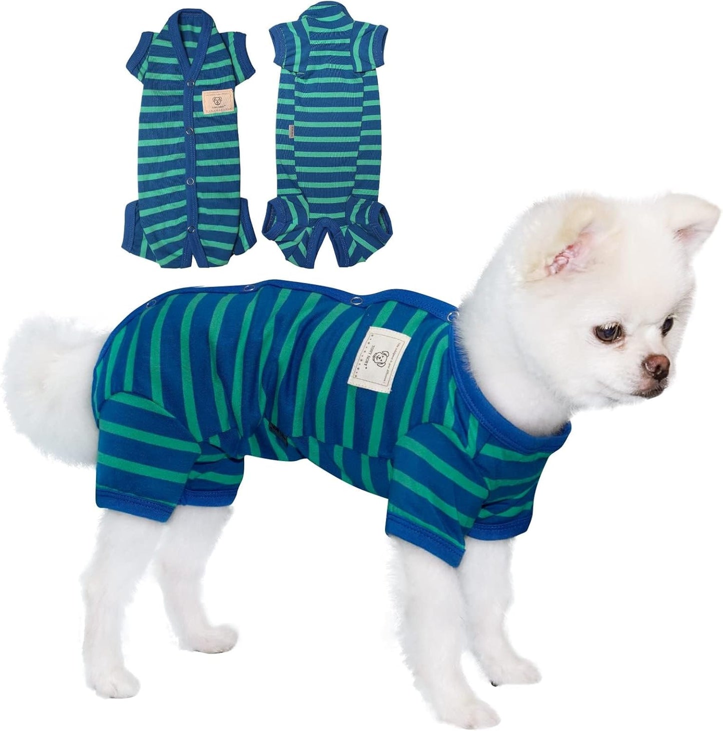 TONY HOBY Dog Pajamas for Medium Small Dogs, Dog Jumpsuit with Stripes 4 Legged Pajamas, Soft Dogs Pet Clothes (Blue&Green, Girl, L)