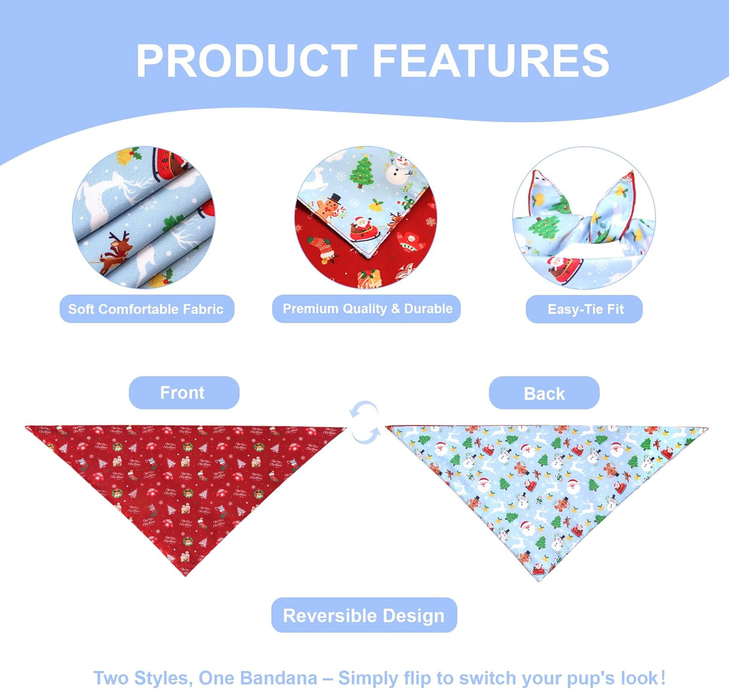 Christmas Dog Bandana for X-Large Dogs - Reversible Santa Snowman Print Scarf - Soft, Quick-Dry Pet Neckwear for Holiday Photos & Gifts