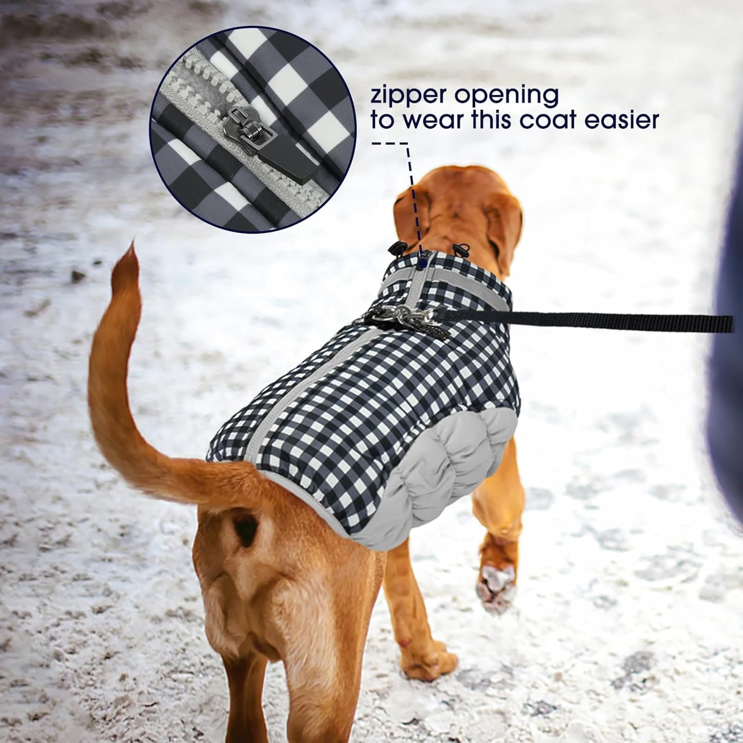FUAMEY Dog Coat for Large Dogs,Waterproof Dog Winter Jacket with Harness Built in Puppy Cold Weather Coats Reflective Pet Vest with Zipper Warm Fleece Dogs Snowsuit Windproof Checkerboard 3XL