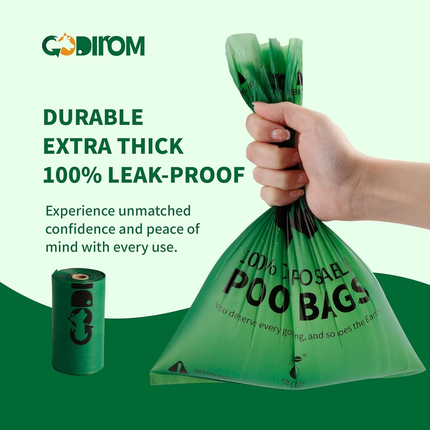 Certified 100% Compostable Poop Bags for Dogs, 270 Count Guaranteed Leak Proof and 18 Microns Extra Thick Dog Waste Bag, 18 Rolls of Plant Based Doggie Poop Bag, No Scented with ASTM D6400 & EN13432