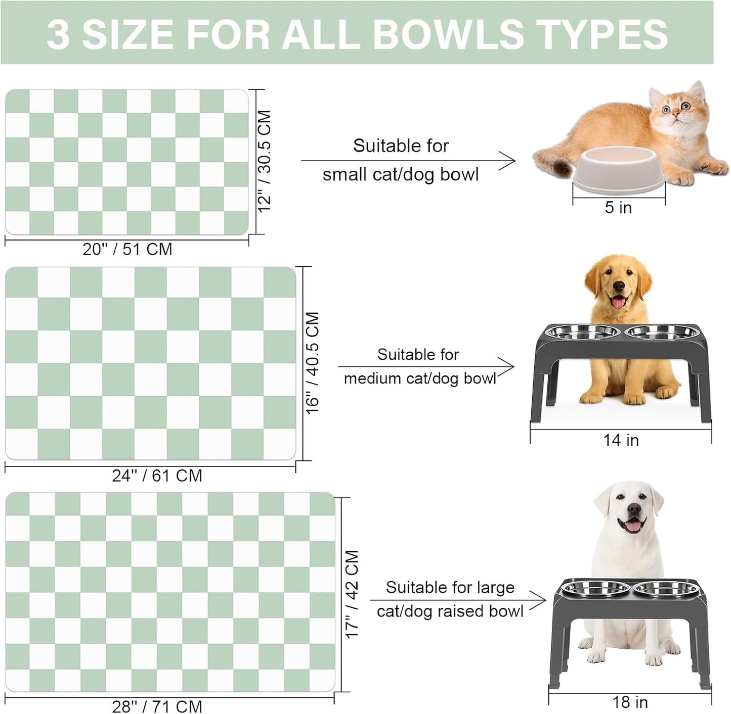 Cat Food Mat - 12"x 20" Cat Dog Mats for Food and Water Bowl, Checkered Pet Placemat Feeding Mat, Non-Slip Under Pet Bowls Mats for Messy Drinkers, Green & White