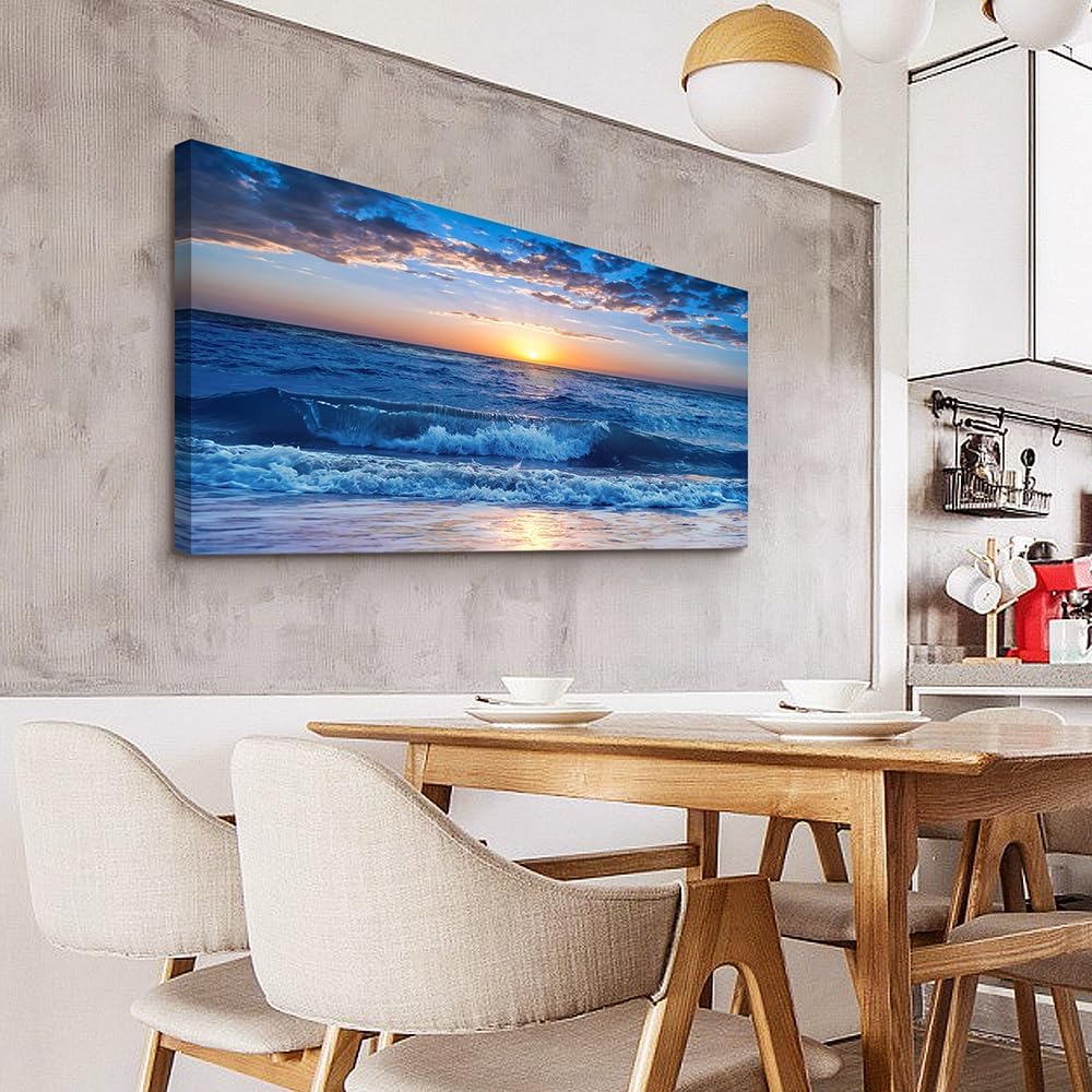 Lapremoly Canvas Wall Art For Living Room Large Wall Decor For Bedroom Office Wall Decorations Blue Ocean Beach Wall Painting Sunny Sea View Wave Wall Pictures Artwork Room Home Decor 20" X 40"