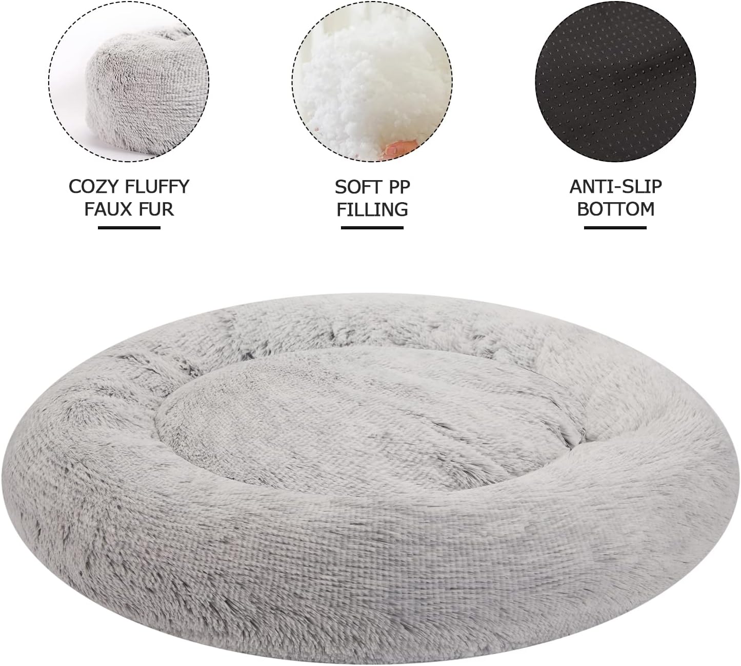 Bedfolks Calming Donut Dog Bed, 30 Inches Round Fluffy Dog Beds for Medium Dogs, Anti-Anxiety Plush Dog Bed, Machine Washable Pet Bed (Light Grey, Medium)