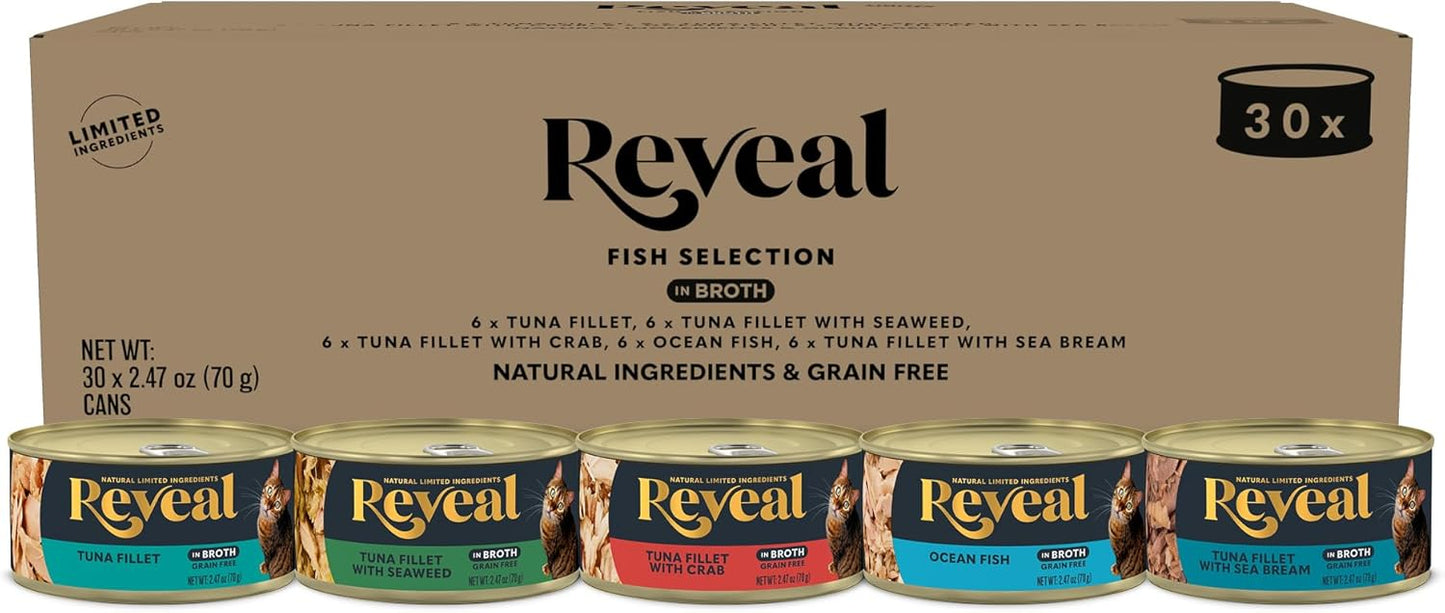 Reveal Natural Wet Canned Cat Food, Limited Ingredient, Grain Free, Protein with No Artificial Additives, Fish and Chicken Variety in Broth (20 x 2.47 oz Cans)