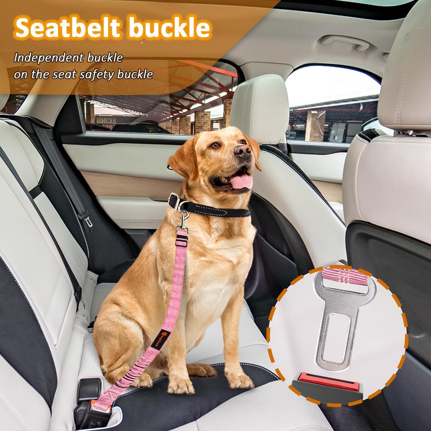 Removable Dog Seat Belt Harness for Car, 3 in 1 Pet Dog Car Seatbelt Leash, Retractable Restraint Secures to Vehicle Headrest & Adjustable Reflective Bungee Dog Seatbelt Tether, Pink and Black