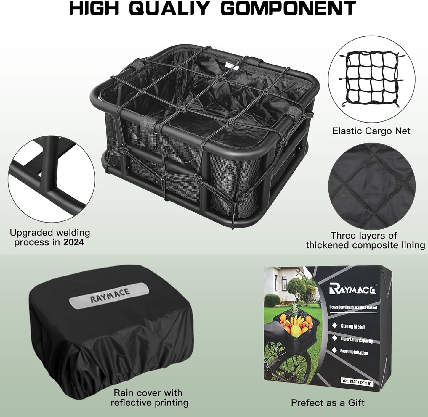 RAYMACE Rear Rack Bike Basket with Cargo Net and Liner Large Bicycle Basket Perfect Mount for Electric Bike