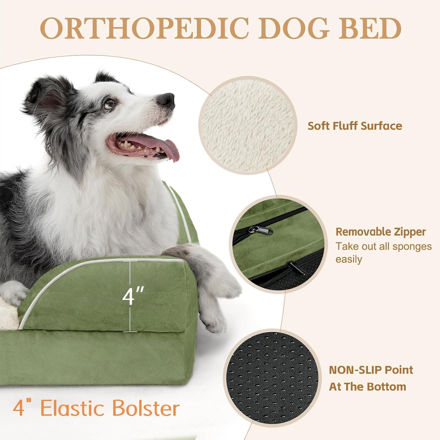 Comfort Expression Large Dog Beds Waterproof Orthopedic Foam Dog Sofa Beds Comfy Pet Bed with Washable Removable Cover & Non-Slip Bottom(Large,Light Green)