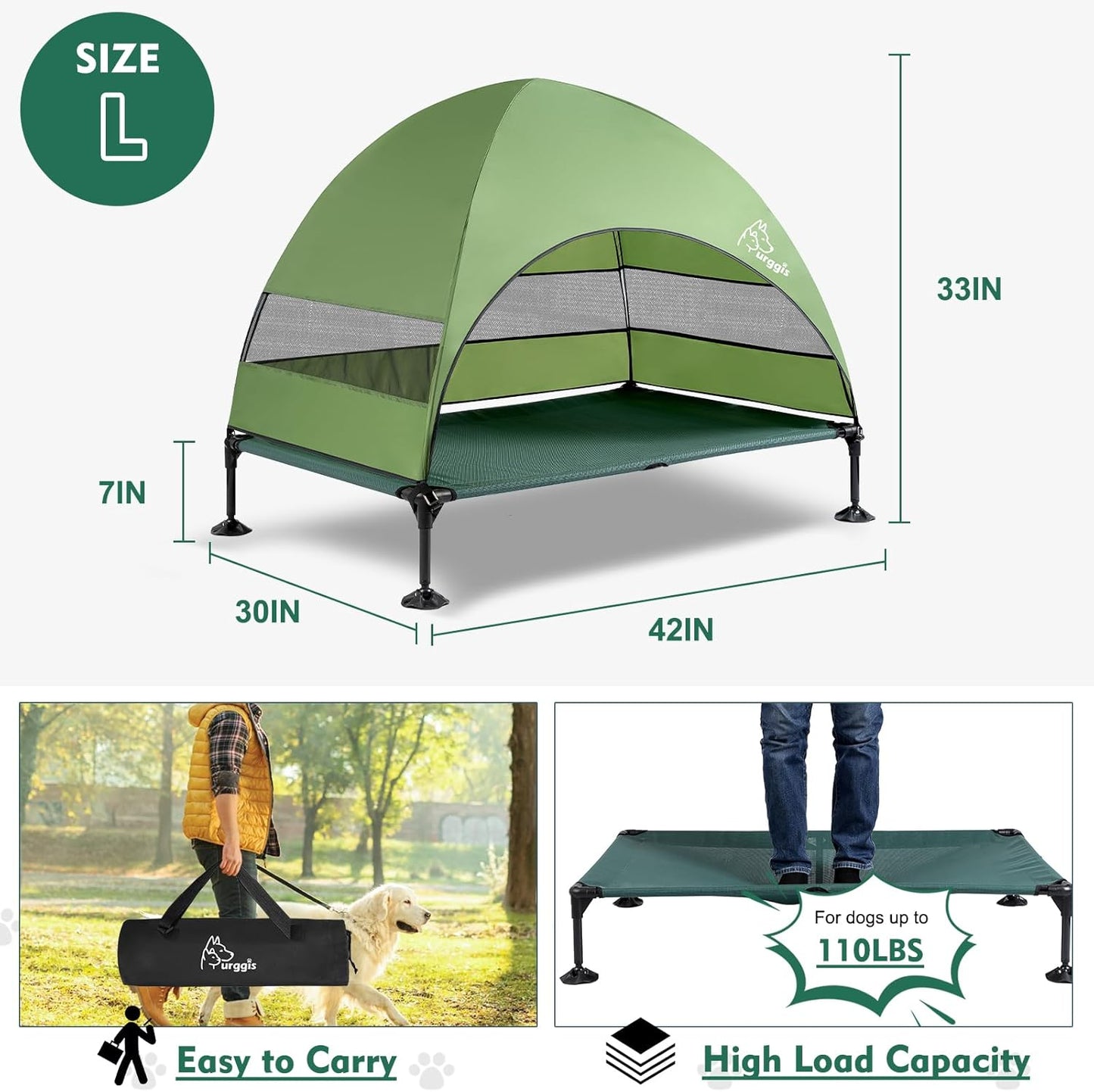 Upgraded Elevated Dog Bed with Canopy, Portable Raised Outdoor Dog Bed with Stable Anti-Slip Feet, Removable Wider Shade, Raised Dogs Cot for Large Pets Camping, Indoor & Outdoor Use