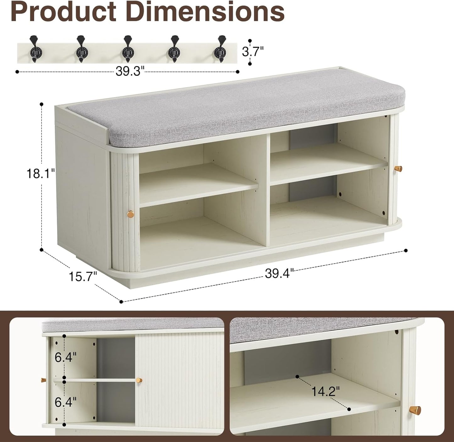 Cream White 39.4" W 2-Tier Shoe Bench with Storage | Entryway Bench with Padded Cushion, Sliding Doors & 5 Hooks
