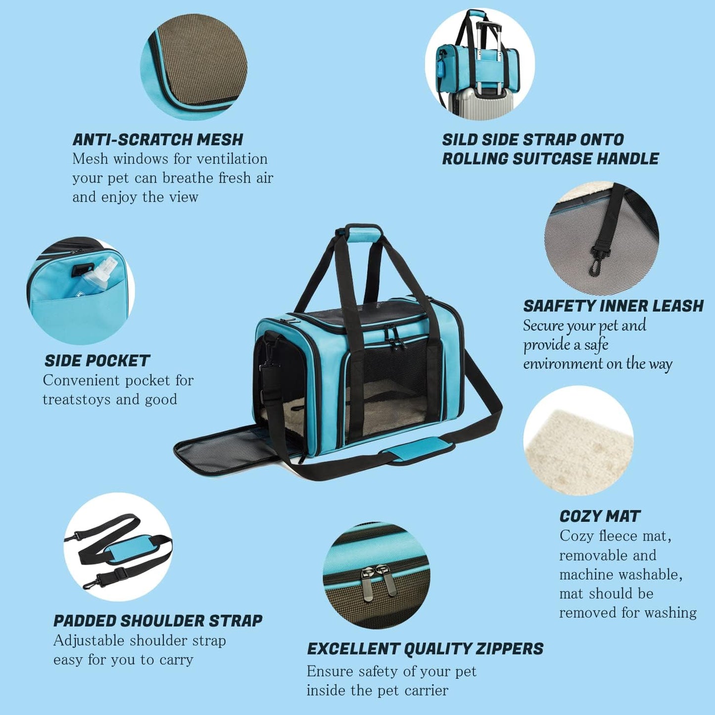 Cat Carrier Dog Carrier Pet Carrier Cat Bags for Small Medium Cats Dogs Puppies of 15 Lbs,of Airline Approved Small Dog Bag Soft Sided,Collapsible Travel Puppy Carrier (Large, Blue)