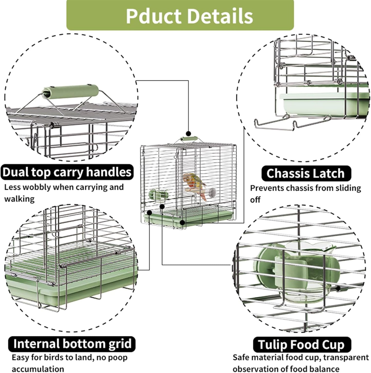 Bird Carrier Travel Cage - 304 Stainless Steel Portable Folding Bird Travel Cage with Parrot Feeder Cups & Standing Perch for Smaller Birds Conures Lovebird Cockatiel Parakeets (Green)