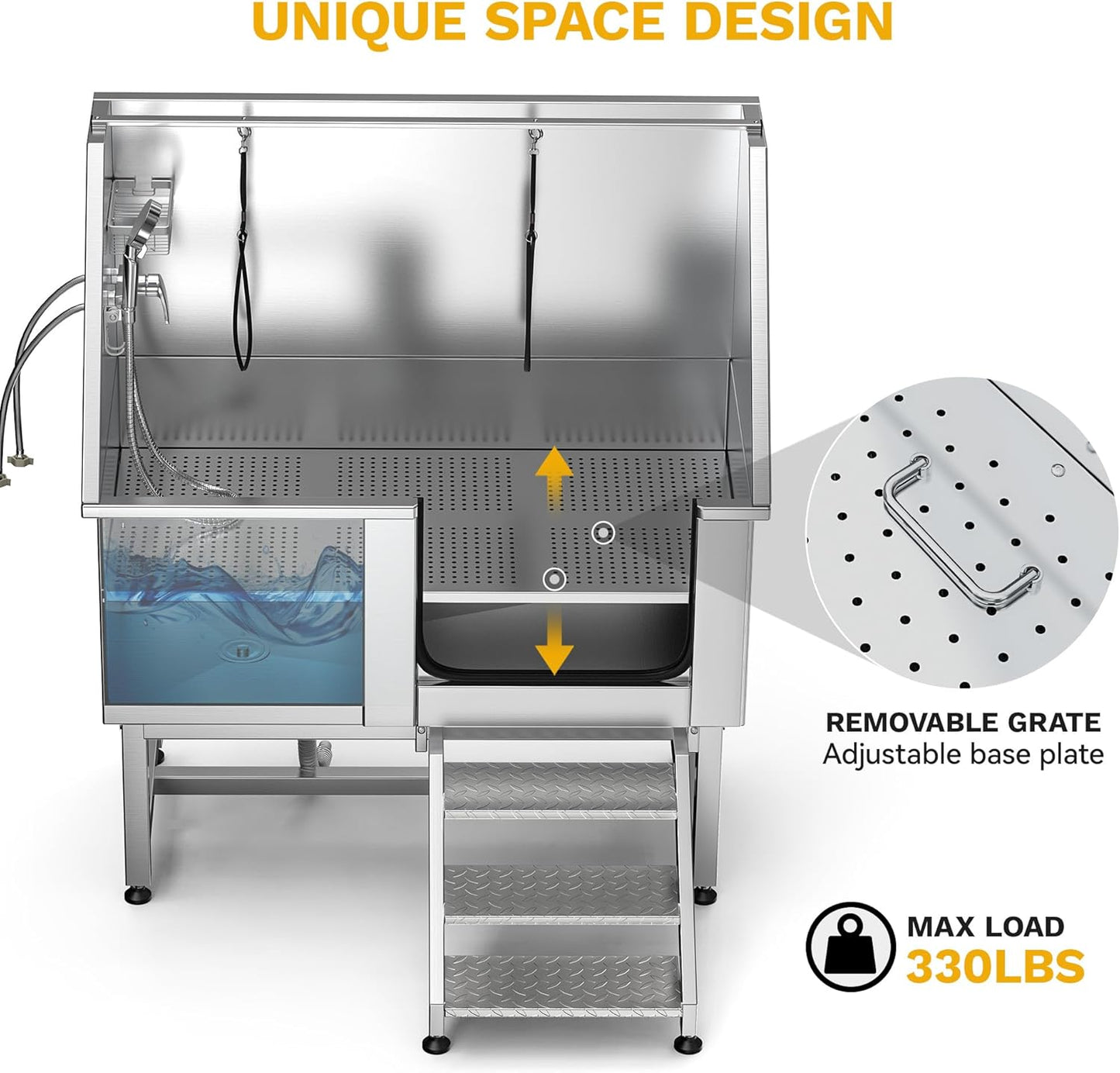 DWVO Professional Pet Dog Bathing Station for Grooming, 50'' Dog Grooming Bathtub with Right Staris, Floor Grate, Faucet, Showerhead & Soap Holder for Large, Medium & Small Pets