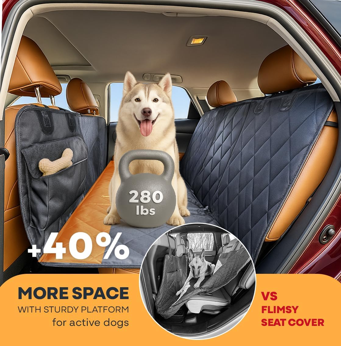 APetsPlanet Dog Car Seat Cover for Back Seat Hard Bottom - Waterproof Backseat Extender for Dogs - Pet Hammock for Car, Truck, SUV - Protector Bed with Mesh Window & Storage - Black, No Door Covers