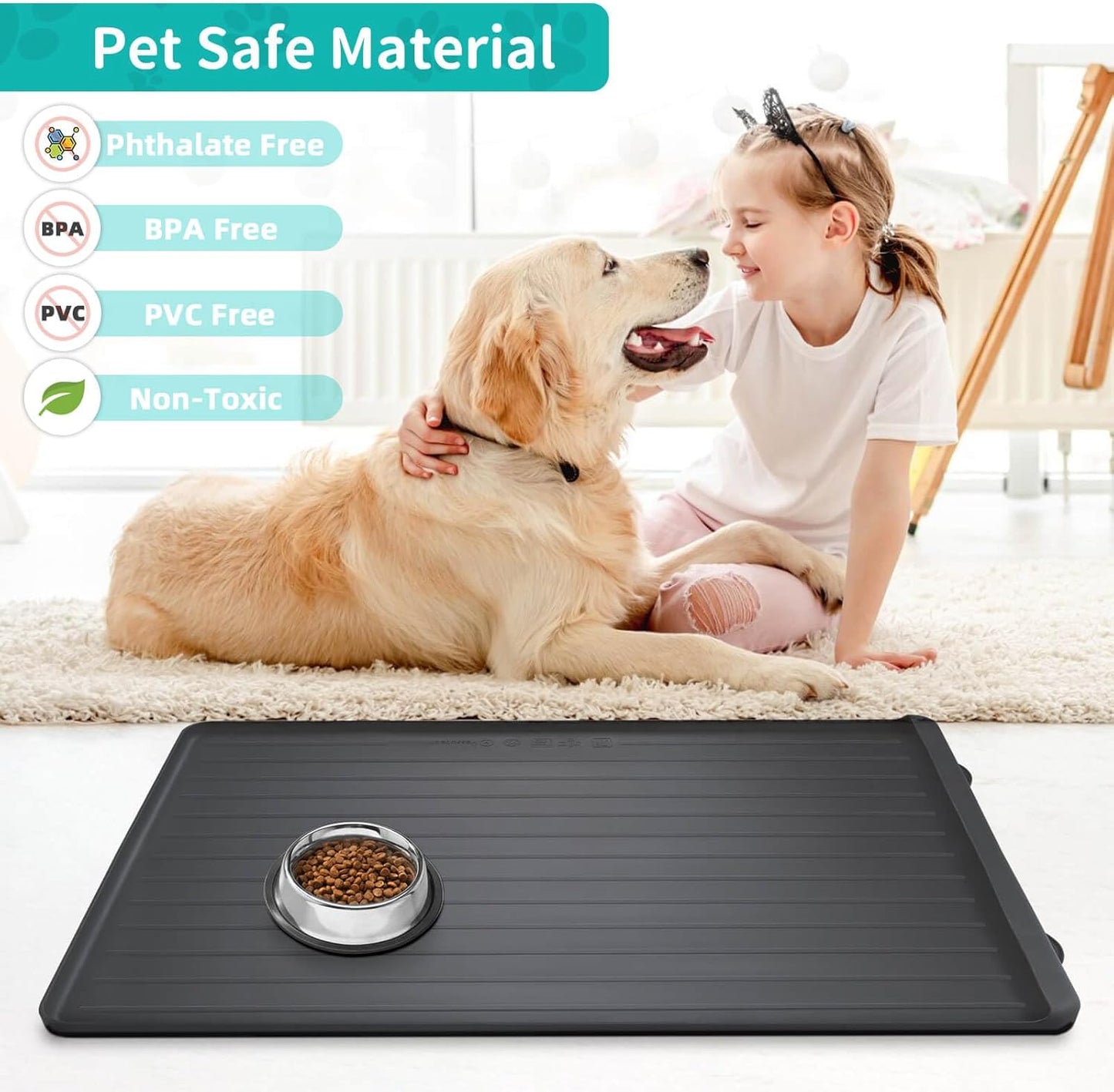 Dog Mat for Food and Water - 39.4" x 27" Large Pet Feeding Mats with Residue Collection Pocket - Waterproof Dog Cat Bowl Mat with High Edges to Prevent Water and Food Spills (Black)